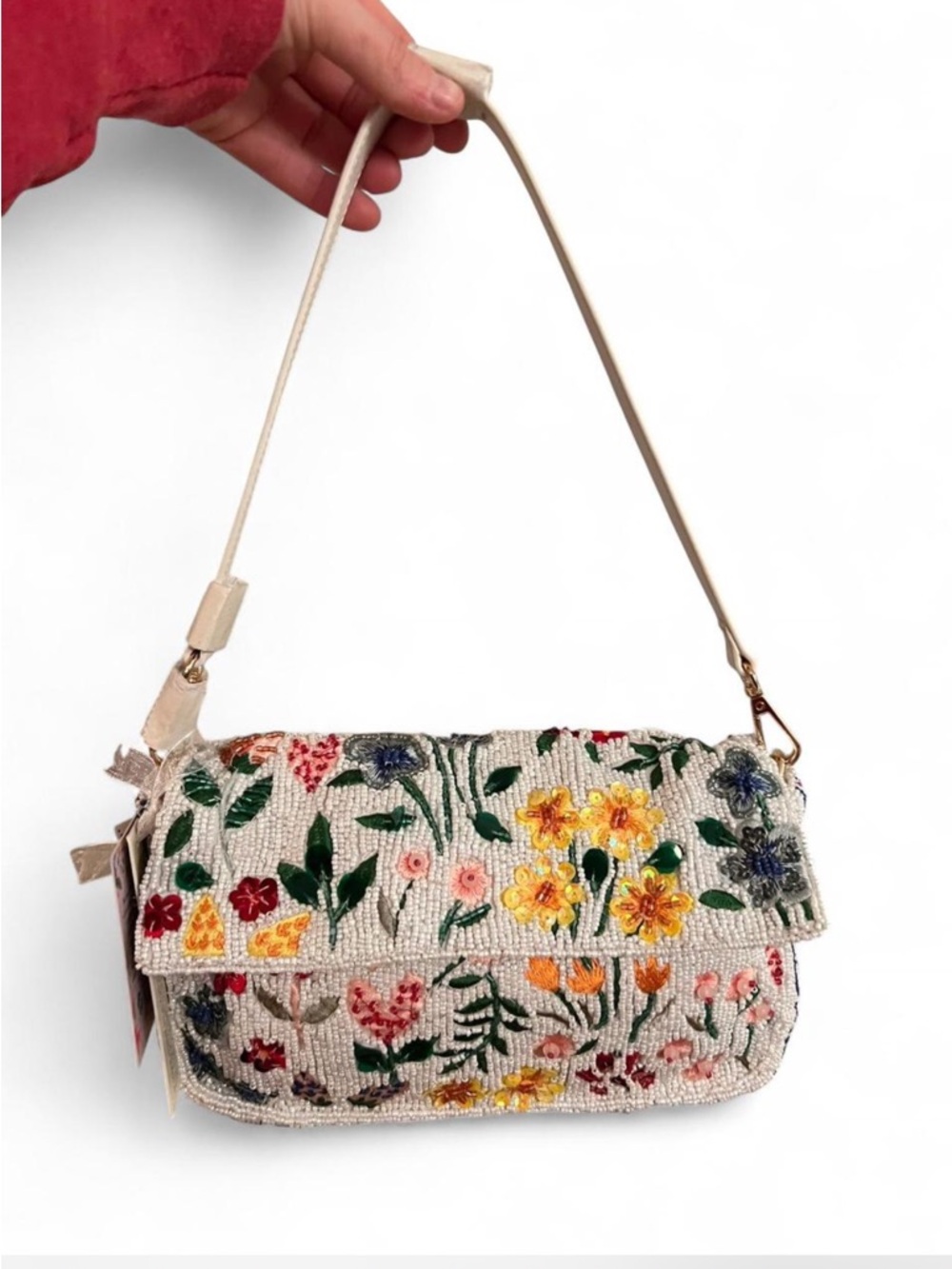 white multicolor floral beaded shoulder bag white leather strap made in india